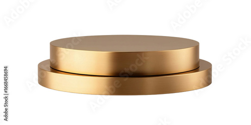 A two-tier gold pedestal stand designed for product display- featuring a sleek and modern finish. Isolated on transparent background- png.