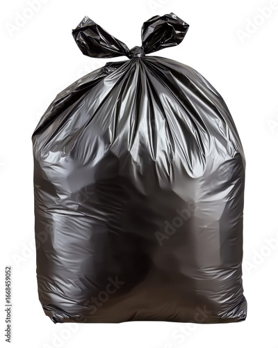 Black Plastic Garbage Bag. Large Bag Tied At The Top- Suitable For Household Waste And Featuring A Strong- Durable Material. Isolated on transparent background- png.