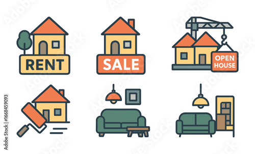Real estate icons: rent, sale, open house, home renovation, interior view