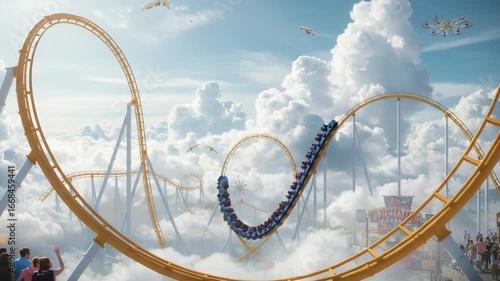 Roller coaster soaring through clouds with excited riders
