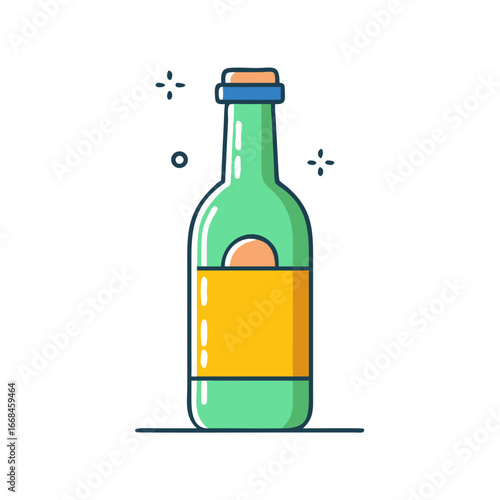 A colorful outlined beer bottle with a label and cork on the ground