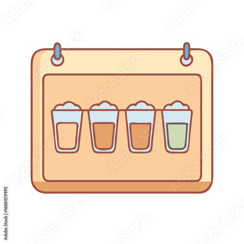 Calendar showing shot glasses containing liquids of varying amounts and colors