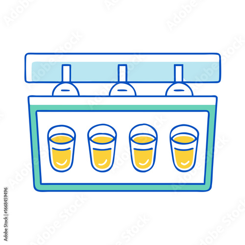 Automated liquid dispenser with four cups being filled with golden liquid