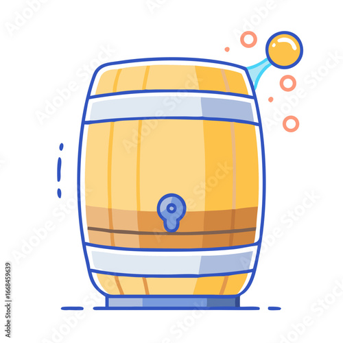 Cartoon illustration of a barrel dispensing liquid with bubble effects around it