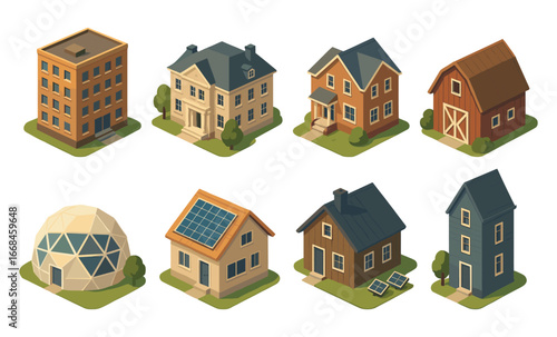Diverse residential building collection in isometric style on green background
