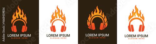 Flaming Headphone Logo Set Fire Audio and Music Icons


