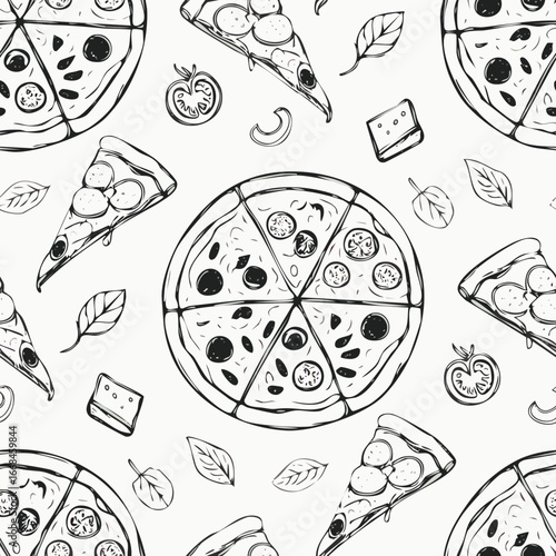 Hand-drawn pizza seamless pattern sketch black and white vintage illustration