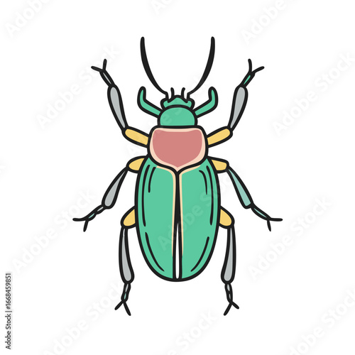 Stylized Green Beetle with Pink Shield and Six Jointed Legs Illustration