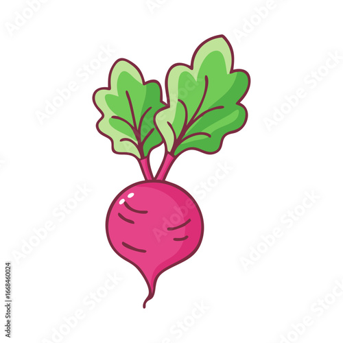 Cartoon illustration of a cute and vibrant pink radish with green leaves