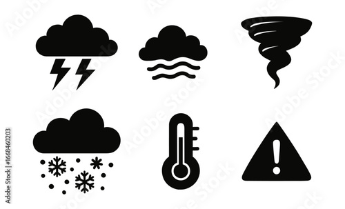 Weather icons collection: cloud, storm, tornado, rain, snow, thermometer, warning symbols on rainy background