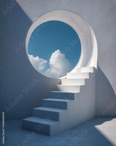 Surreal Architectural Scene with White Staircase Leading to Circular Window Framing Blue Sky and Fluffy Clouds in Minimalist Setting