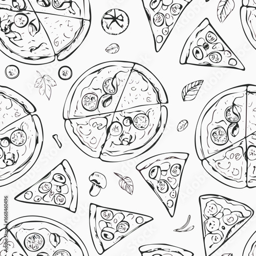 Hand-drawn pizza seamless pattern sketch black and white vintage illustration