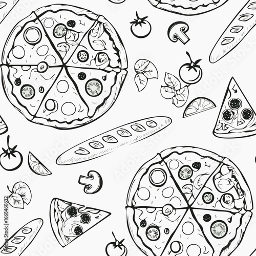Hand-drawn pizza seamless pattern sketch black and white vintage illustration