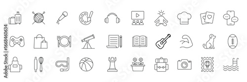 Hobby leisure travel knitting music art gaming shopping astronomy writing reading guitar cooking gardening photography sports swimming conversation as icon vector illustration.