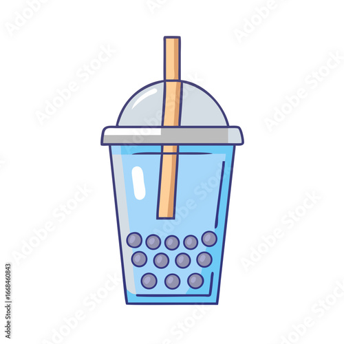 Cartoon style bubble tea illustration with straw and tapioca pearls