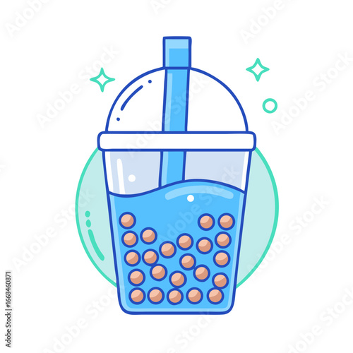 Stylized vector illustration of a blue Boba tea drink with tapioca pearls