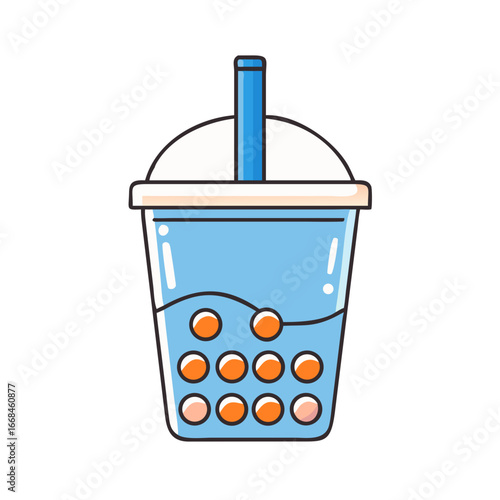 Cartoon styled bubble tea with tapioca pearls inside a light blue cup
