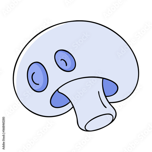 Cartoon drawing of a blue and white mushroom with black outlines