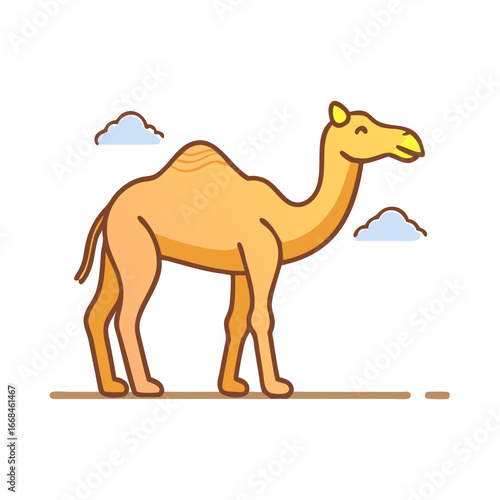 Cartoon drawing of a camel with a soft aesthetic and blue clouds