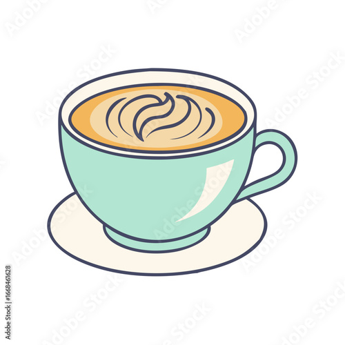 Illustration of a mint colored teacup filled with coffee and whipped cream
