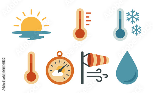 Retro weather icons set featuring sun, thermometer, snowflake, compass, windsock, water drop