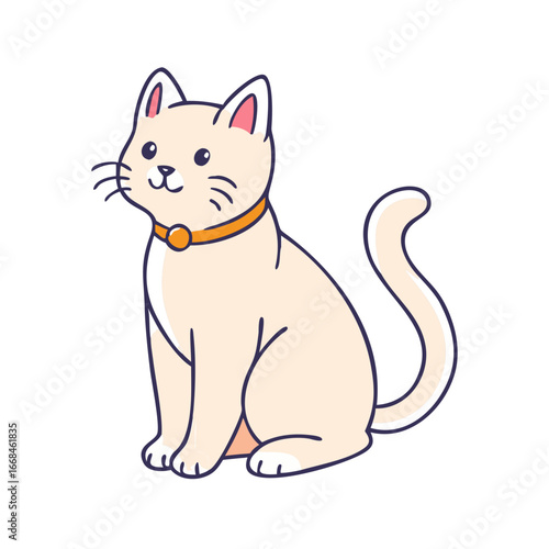 A cute cartoon cat sitting with a collar and looking to side
