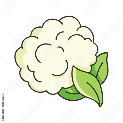 Cartoon image of a cauliflower head with two leaves on a white backdrop