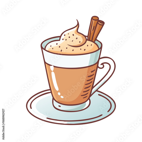 Delicious spiced latte with cinnamon sticks and sweet whipped cream topping, a warm beverage