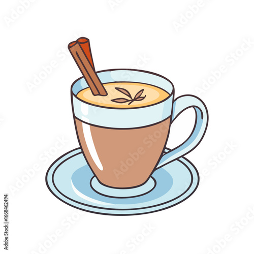 Hot beverage with cinnamon stick and leaf design presented artistically