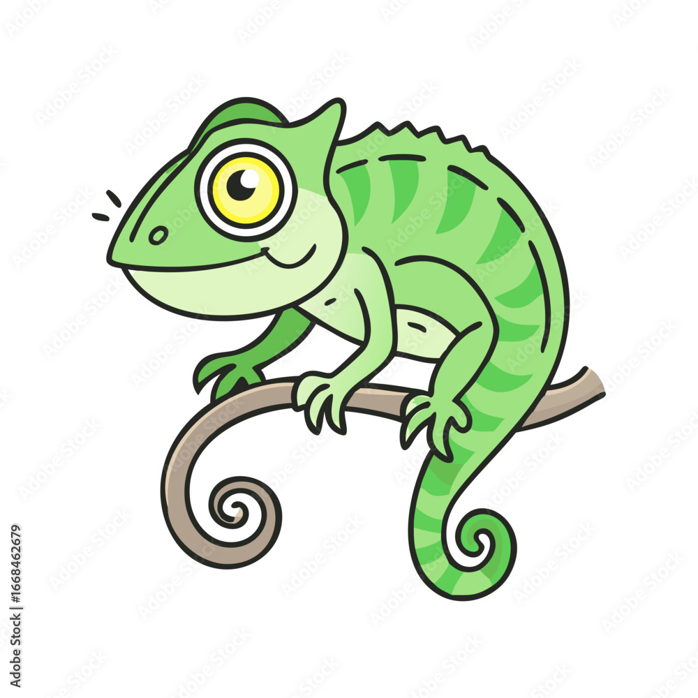 Naklejka premium Cute green chameleon perched on a branch with cartoon illustration style