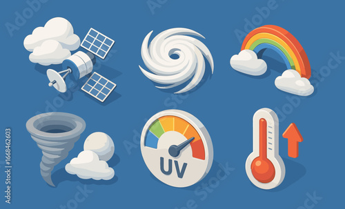 Weather icons set featuring isometric elements and colorful designs