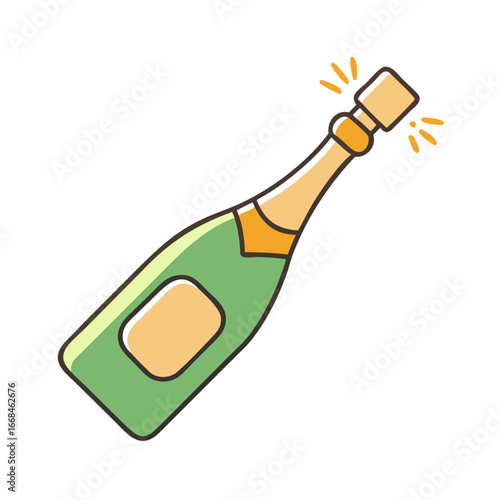 Cartoon illustration of a champagne bottle popping its cork open and celebrating