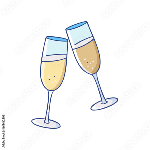 Two elegantly cartooned champagne glasses toasting against a clean white background
