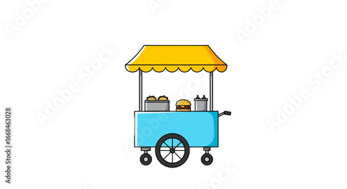 Food cart vendor burger stand street food mobile kitchen yellow awning blue stall delicious sandwiches tasty snack on transparent background