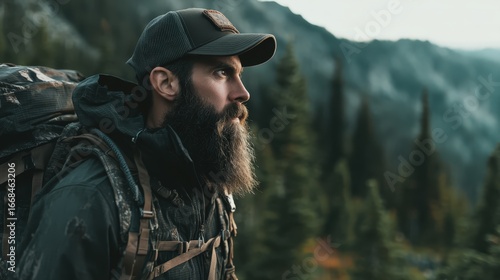 Portrait of a rugged outdoorsman with a full beard and backpack, looking out over a misty mountain forest. Represents adventure, hiking, exploration, solitude, and survival