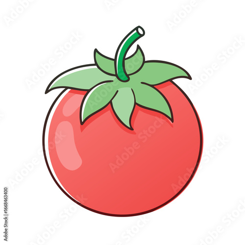 Illustration of a ripe red tomato with green stem and leaves