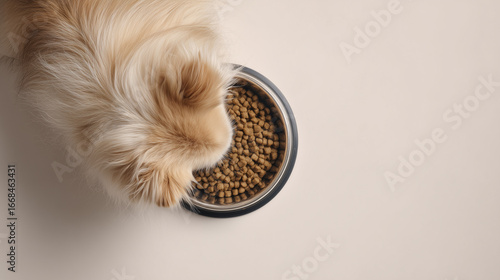 Top view of pomeranian eating pet food