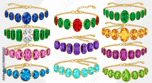 Collection of nine gold chain bracelets adorned with colorful gemstones in various shapes and hues