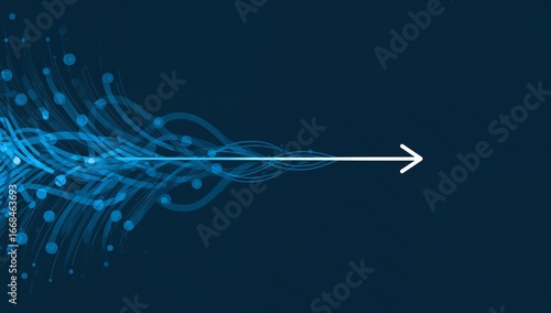 Bright white arrow moving forward through swirling blue light trails on dark background