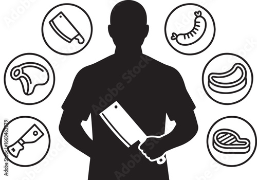Silhouette of a Butcher Holding a Cleaver with Meat Icons Around Him on Transparent