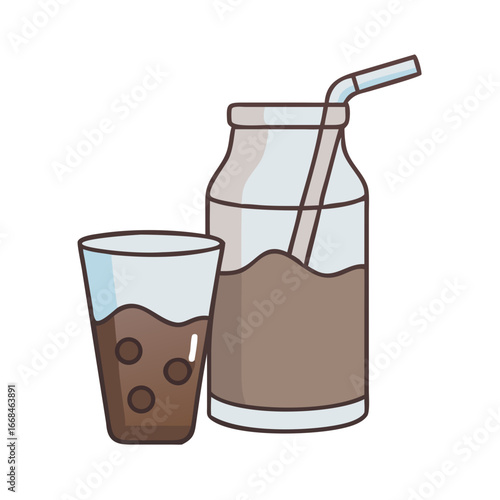 Delicious Chocolate Milk Bottle and Glass with Bubbles, a Perfect Sweet Treat