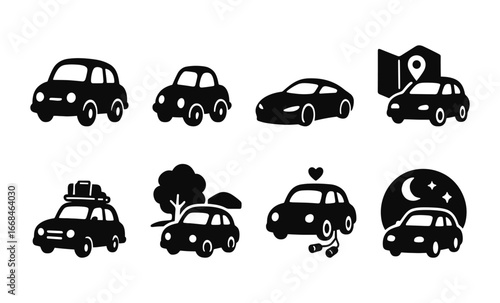 Simple black car icons set for navigation and travel applications