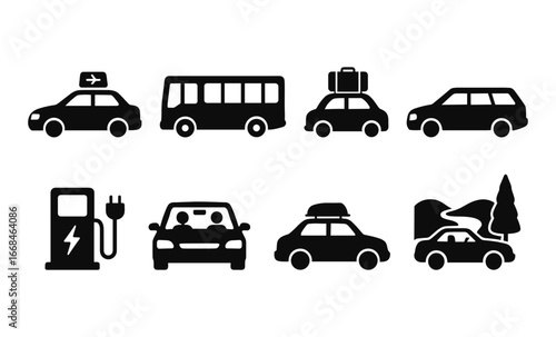 Silhouette icons of transportation: electric, taxi, bus, travel, and road trip concepts
