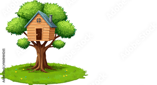 Illustration of a cute treehouse in a tree with green grass and flowers, a whimsical childhood dream on transparent background