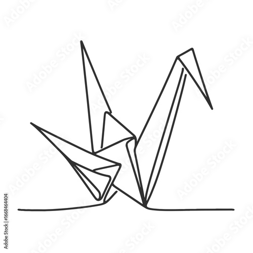 Folded origami cranes in minimalist line art style on transparent background  