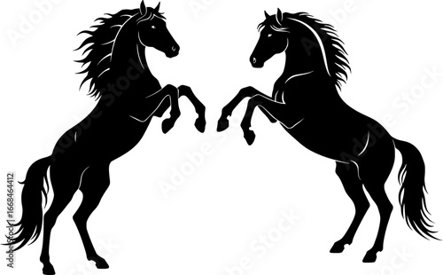 Two rearing stallion silhouettes facing each other with flowing manes majestic horses pair