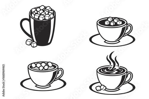 Four stylized cups of hot beverages with marshmallows and sugar cubes.
