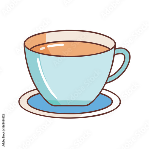 A cute cartoon of a light blue cup on a blue saucer