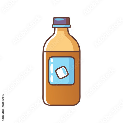 Delicious brown liquid bottle with a cute label and dark purple lid