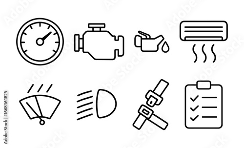 Set of linear car dashboard icons: speedometer, engine, oil, air conditioning, wipers, lights, seatbelt
